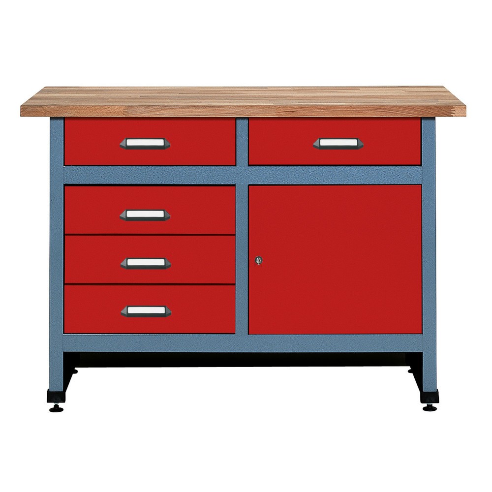 Produktabbildung: Werkbank mit Schubladenblock + Tür, BxT 1.200 x 600 mm, rot