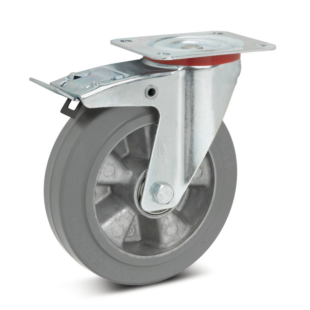 Illustration du produit: Roue directrice Wicke en caoutchouc plein élastique, jante en aluminium, non marquante, dispositif de blocage compris, Ø x largeur 100 x 40 mm, capacité de charge 180 kg