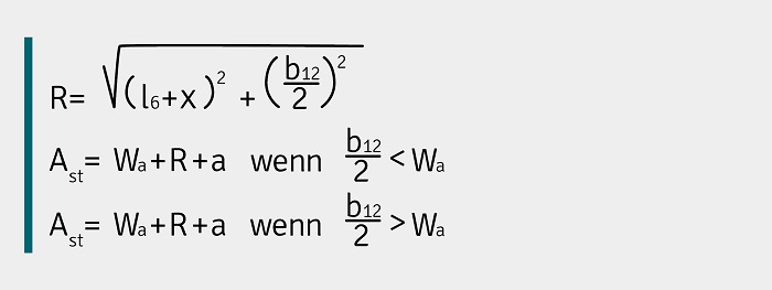 Formel zur Berechnung der Arbeitsgangbreite bei Dreiradgabelstaplern mit dem Drehpunkt in der Achsmitte. 