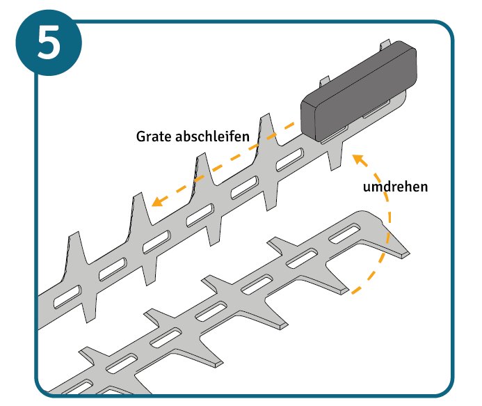 Beim Schärfen der Heckenschere werden die Schleifkanten des Sägeblatts mit Schleifklotz entgratet