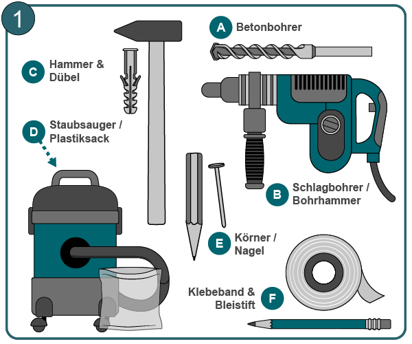 werkzeuge für das beton bohren bereitlegen