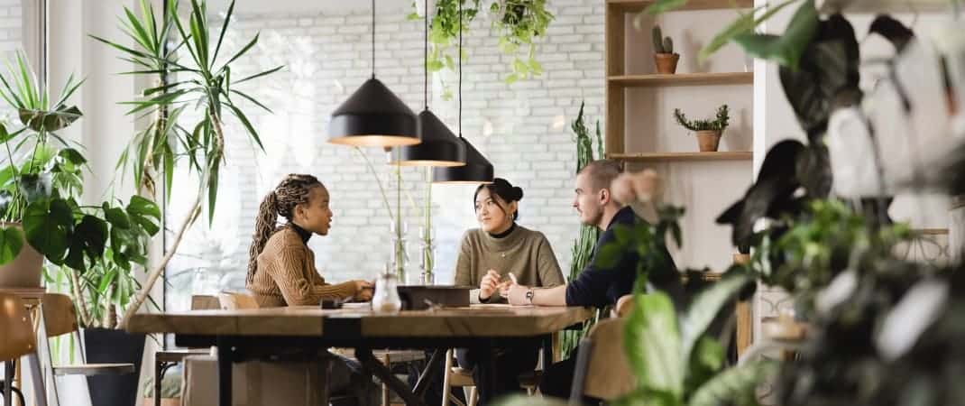 Pausenraum gestalten: Drei Personen im modernen, grün bepflanzten Büro