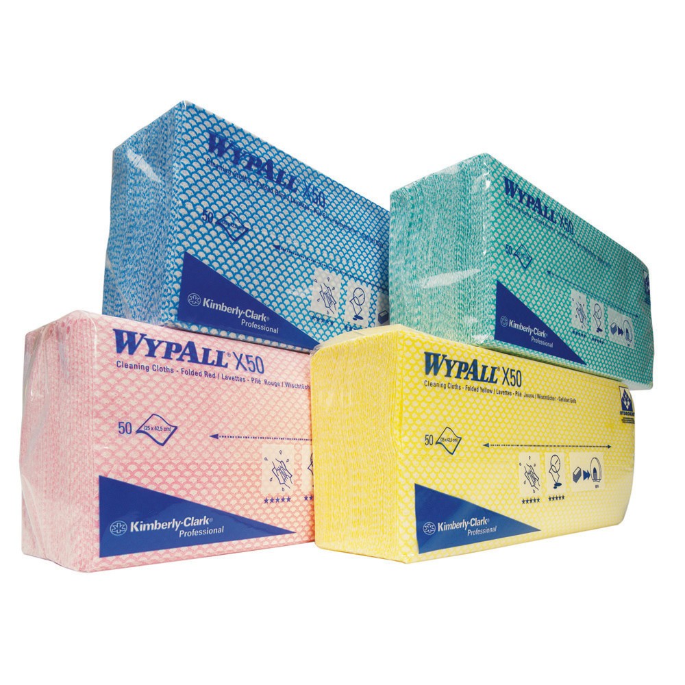 Wischtücher WypAll® X50 für hygienisch sensible Bereiche Sie erhalten die Mehrweg-Tücher WypAll® X50 mit Farbkodierung. So werden Verwechslungen bei Mehrfachgebrauch verhindert und das Risiko von Kreuzkontaminationen gemindert. Die Reinigungstücher bestehen aus chlorfrei gebleichtem HYDROKNIT. Es setzt sich zu 80 % aus saugstarken Zellstofffasern und zu 20 % aus Polypropylen zusammen. Die Fasern sind in ein widerstandsfähiges Vlies aus Polypropylen eingebunden, das auch im nassen Zustand reissfest ist. HYDROKNIT ist lösungsmittelbeständig und kann grössere Mengen Flüssigkeit, Öl und Fett aufnehmen. Sie erhalten die Mehrweg-Tücher in spritzwassergeschützten und wasserabweisenden Beuteln (6 x 50), die den Zugriff auf hygienisch verpackte Tücher direkt am Einsatzort gewährleisten. Die Reinigungstücher WypAll® X50 eignen sich, um Waschräume, Patientenbereiche und Küchen hygienisch zu reinigen und gleichzeitig Ressourcen zu sparen. Kaufen Sie die wiederverwendbaren Wischtücher hier bei uns.WypAll® Wischtücher X50, Interfold, HxB 416 x 245 mm, gelb WypAll® Wischtücher X50, Interfold, HxB 416 x 245 mm, gelb