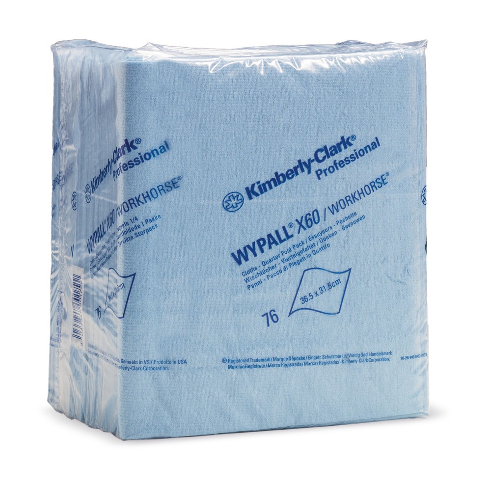 Wischtücher WypAll® X60 für Werkstatt, Fertigung und Industrie Sie erhalten diese Reinigungstücher in verschiedenen Verpackungen und Einheiten: Als Grossrolle mit Perforierung, viertelgefaltet im wasserabweisenden Beutel oder in der Tücher-Box speziell für den mobilen Einsatz. Die 1-lagigen, chlorfrei gebleichten Reinigungstücher WypAll® X60 bestehen aus dem saugstarken und reissfesten Material HYDROKNIT. Es setzt sich zu 80 % aus Zellstofffasern und zu 20 % aus Polypropylen zusammen. Die beiden Materialien sind so miteinander verwoben, dass eine textilähnliche, robuste Struktur entsteht. Diese bedingt, dass die Reinigungstücher mehrfach verwendet werden können. Setzen Sie die WypAll® X60 Wischtücher ein, um Öl und feste Verunreinigungen zu beseitigen und glatte Oberflächen oder kleine sowie schwer zugängliche Maschinenteile zu reinigen. Kaufen Sie die Wischtücher WypAll® X60 hier bei uns.WypAll® Wischtücher X60, HxB 310 x 320 mm, viertelgefaltet, weiss WypAll® Wischtücher X60, HxB 310 x 320 mm, viertelgefaltet, weiss