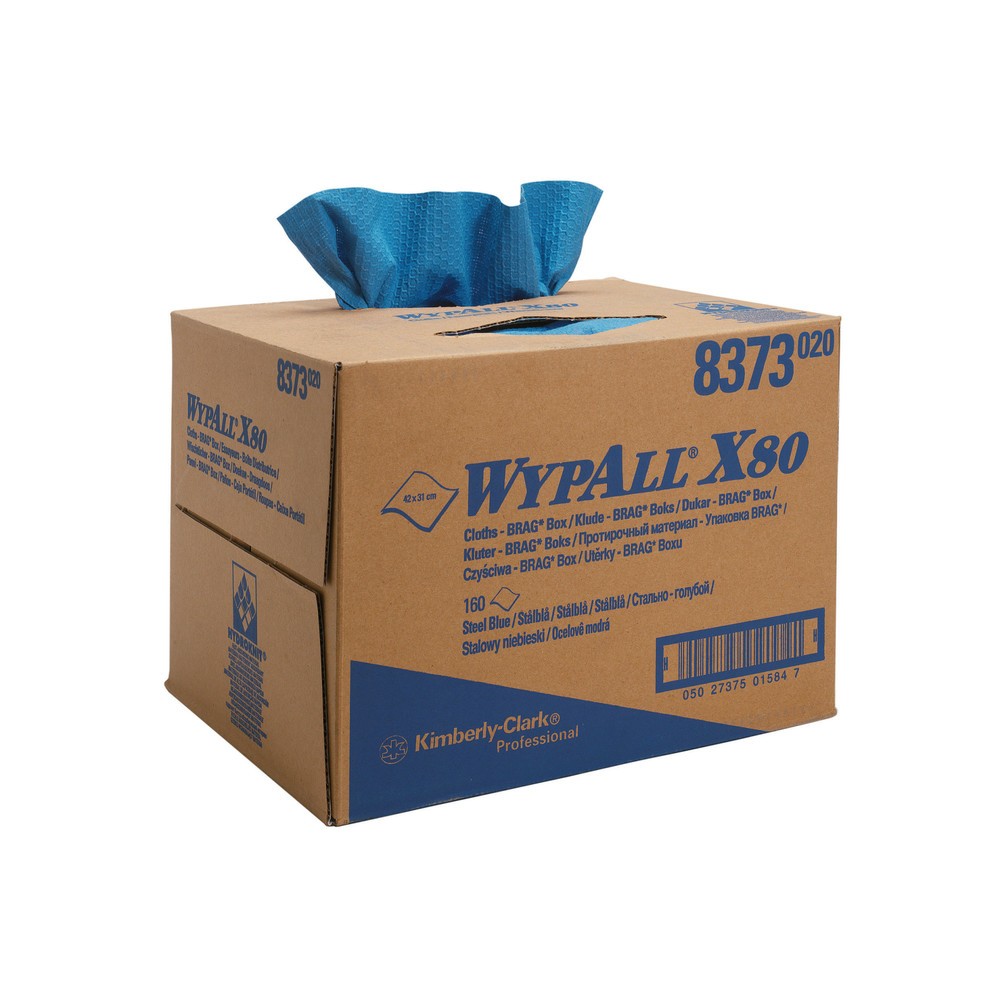 Für Industrie, Fertigung und Werkstatt: Wischtücher WypAll® X80 Mit den Reinigungstüchern WypAll® X80 entfernen Sie Fett, Öl, Lösungsmittel und starke Verunreinigungen. Aufgrund ihrer Struktur sind diese Reinigungstücher widerstandsfähig und können mehrfach für Reinigungsarbeiten verwendet werden. Dadurch sparen Sie Ressourcen und Kosten. Die Mehrweg-Tücher WypAll® X80 bestehen aus chlorfrei gebleichtem HYDROKNIT. Das Material setzt sich aus Zellulosefasern (80 %) und Polypropylen (20 %) zusammen. Beide Bestandteile sind so miteinander verwoben, dass eine textilähnliche Struktur entsteht, die robust und saugstark ist. Sie erhalten die Wischtücher als Rolle mit Perforierung (1 x 475 Tücher) für einen gleichmässigen und sparsamen Verbrauch, in der BRAG-Spenderbox (1 x 160 Tücher) oder in der Zupfbox (5 x 80 Tücher) für hygienischen Schutz. Kaufen Sie die WypAll® X80 Wischtücher auf der Rolle oder in der Spenderbox hier bei uns.WypAll® Wischtücher X80, HxB 427 x 282 mm, BRAG-Box, weiss WypAll® Wischtücher X80, HxB 427 x 282 mm, BRAG-Box, weiss